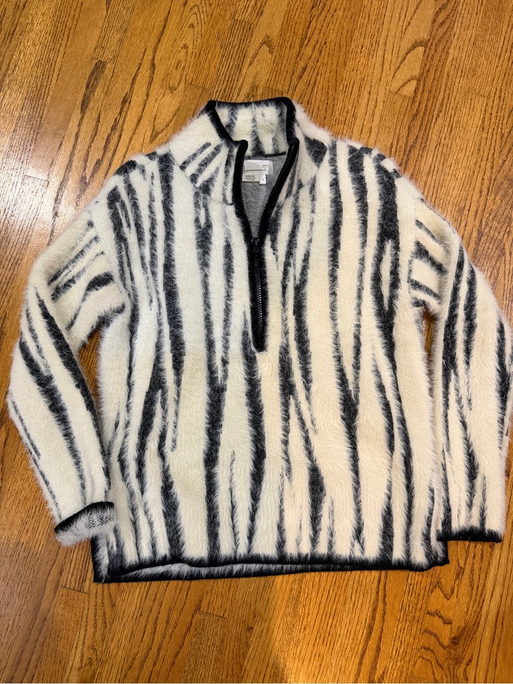 Anthropologie Fuzzy Zebra-Style Knit Half-Zip Pullover - Black & White Sz S
